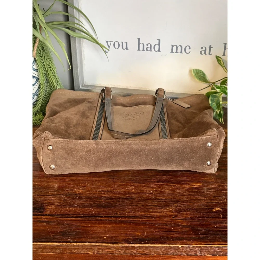Coach Brown Suede Gallery Tote Bag Metallic Leather Large
